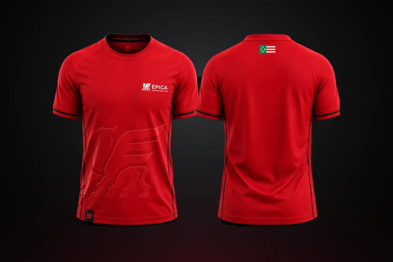 Playera oficial de ÉPICA en rojo con el grifo, de frente y de espalda